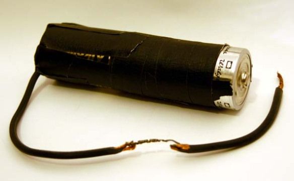 Cigarette lighter made from a battery and wire.